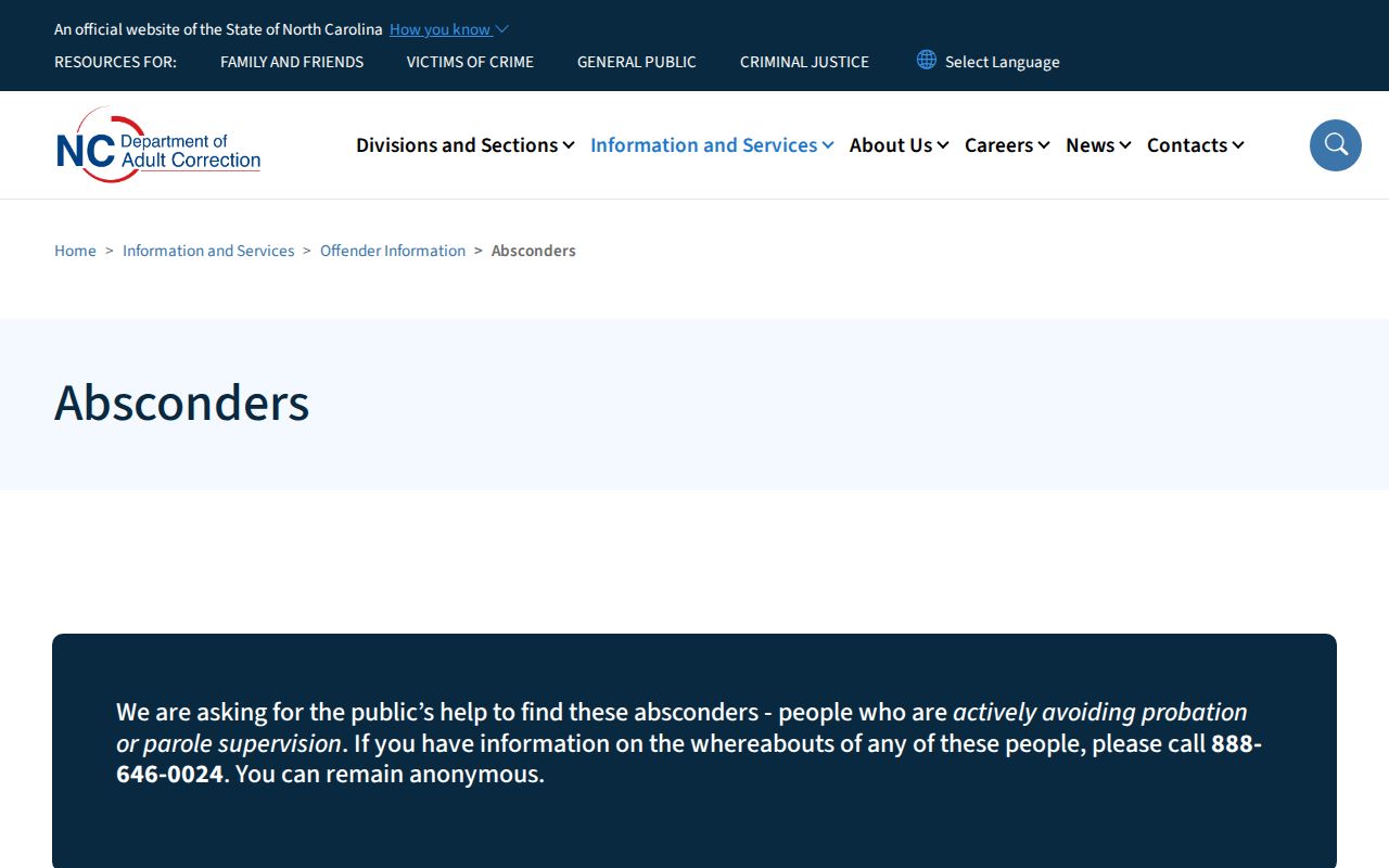 NCDAC absconder lookup limits for Rutherford County supervision records