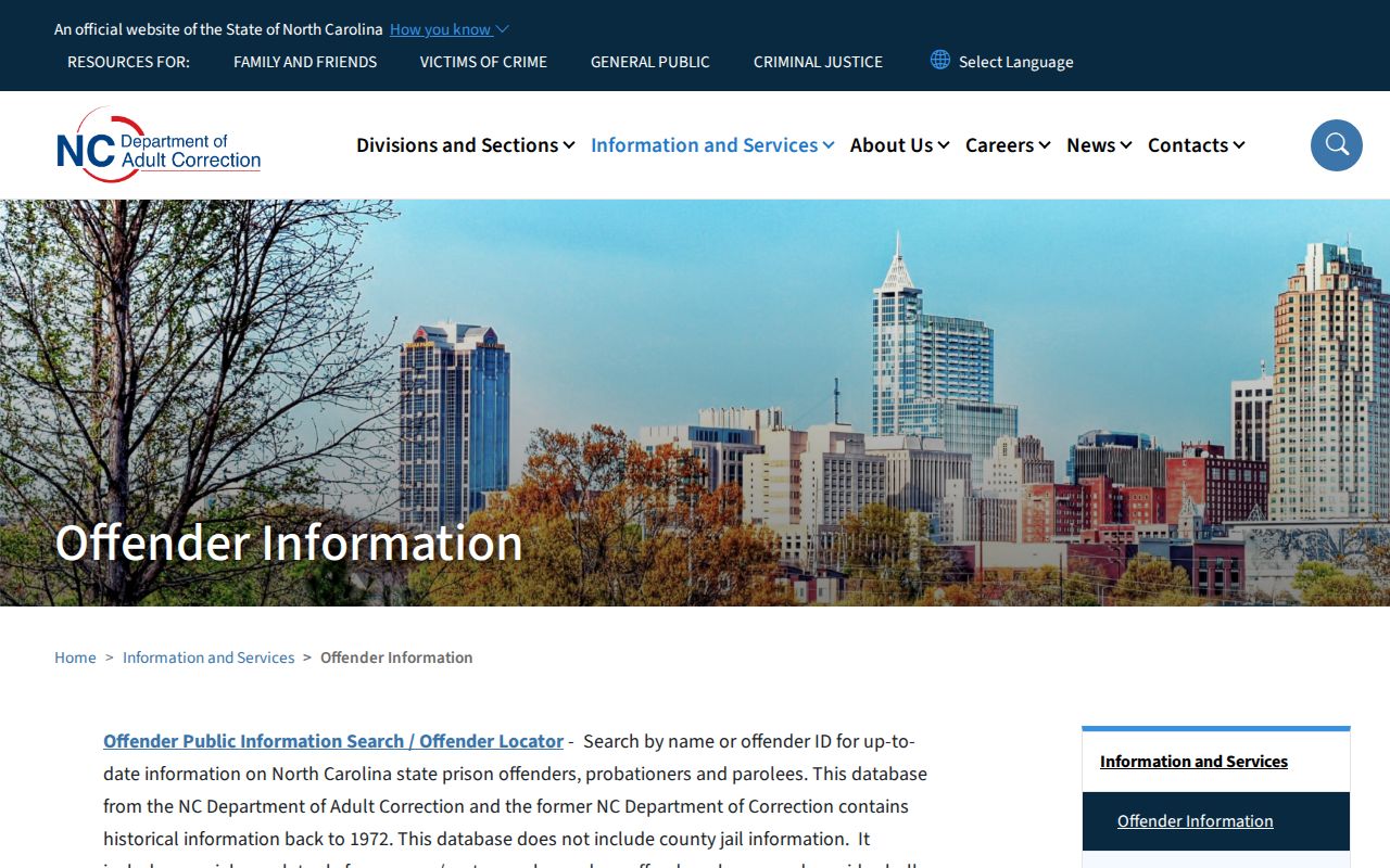 North Carolina Department of Adult Correction criminal offender search gateway