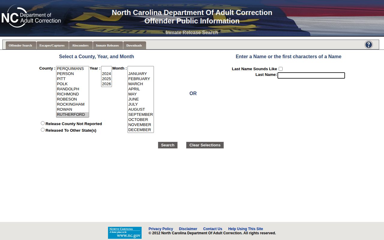 Rutherford Correctional Center monthly NCDAC inmate release records